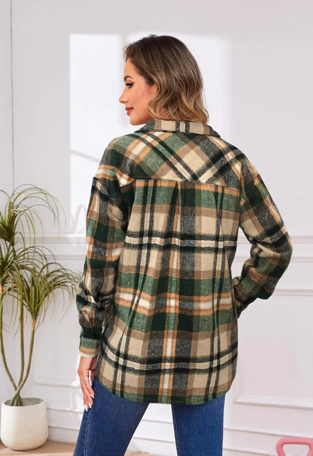 Women's Plaid Shacket Jacket Long Sleeve Button Down Shirt Outfits for Women