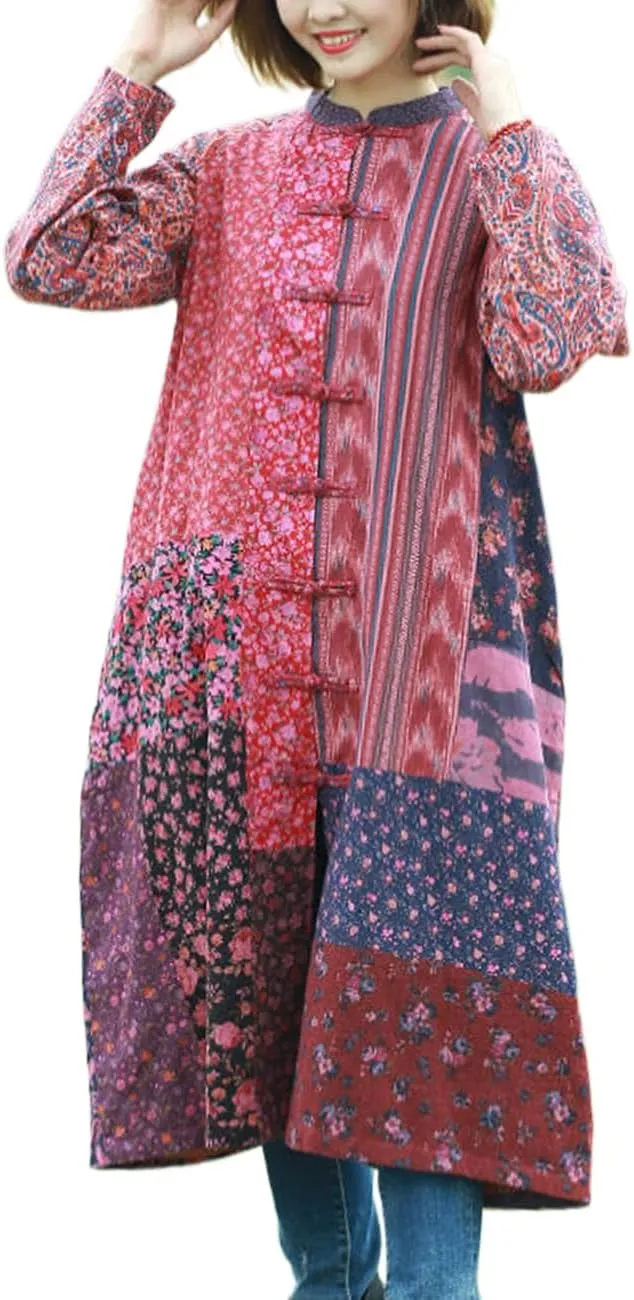 Women's Trench Coat Cotton Linen Floral Print Jacket Chinese Style Patchwork Outwear