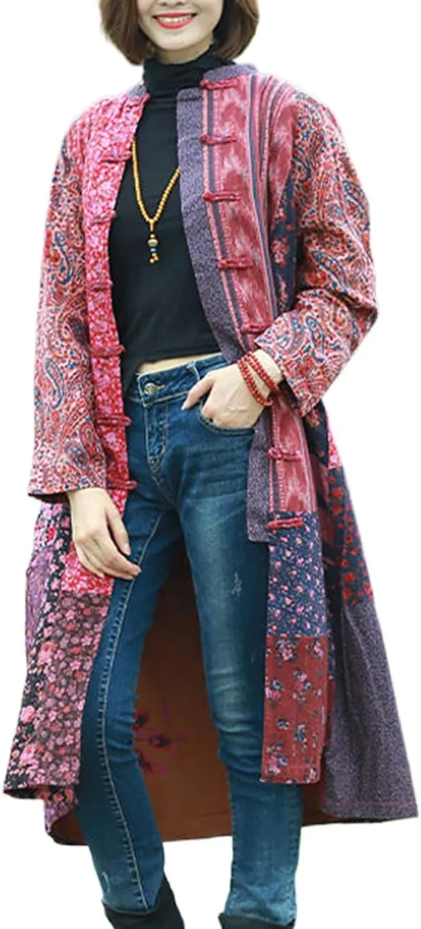 Women's Trench Coat Cotton Linen Floral Print Jacket Chinese Style Patchwork Outwear