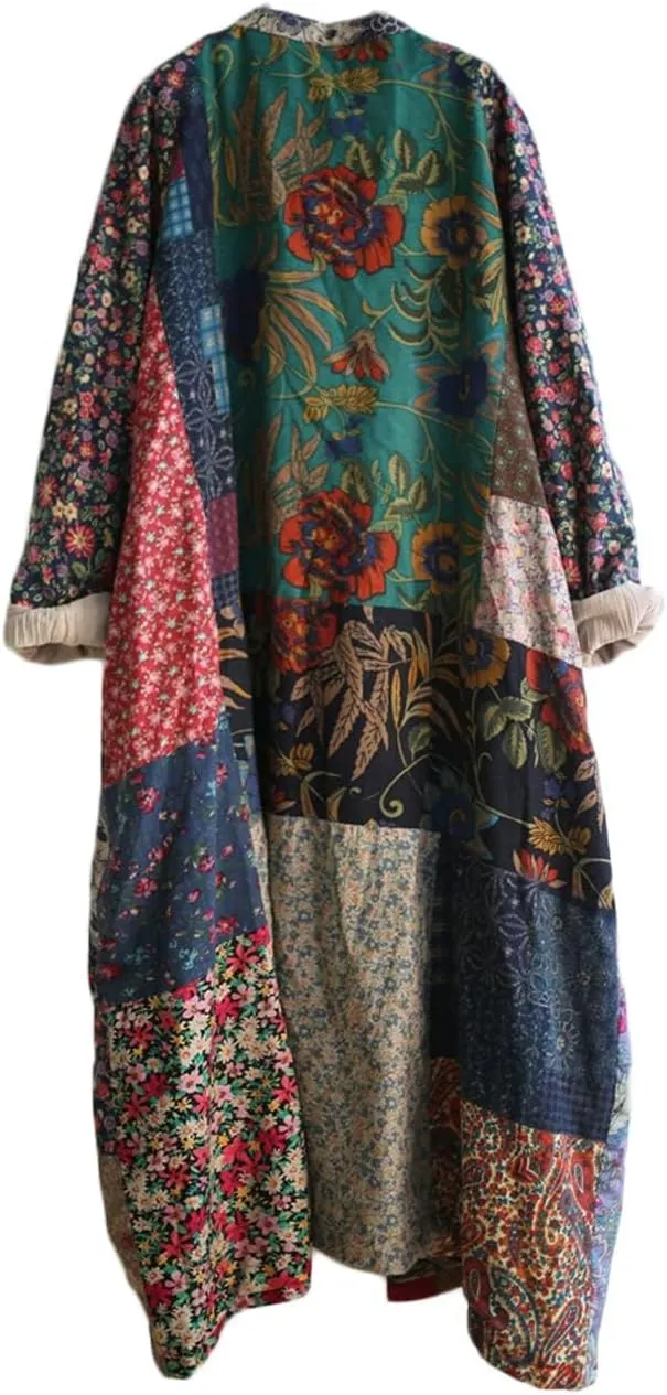 Women's Trench Coat Cotton Linen Floral Print Jacket Chinese Style Patchwork Outwear