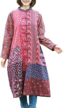 Women's Trench Coat Cotton Linen Floral Print Jacket Chinese Style Patchwork Outwear