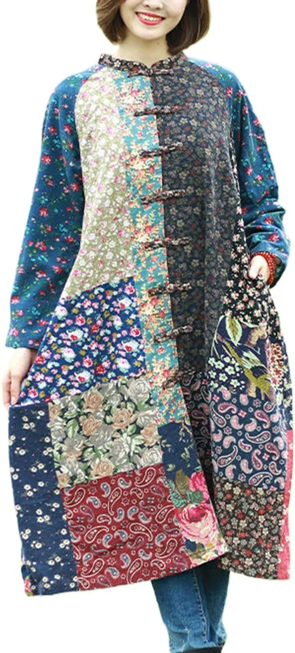 Women's Trench Coat Cotton Linen Floral Print Jacket Chinese Style Patchwork Outwear