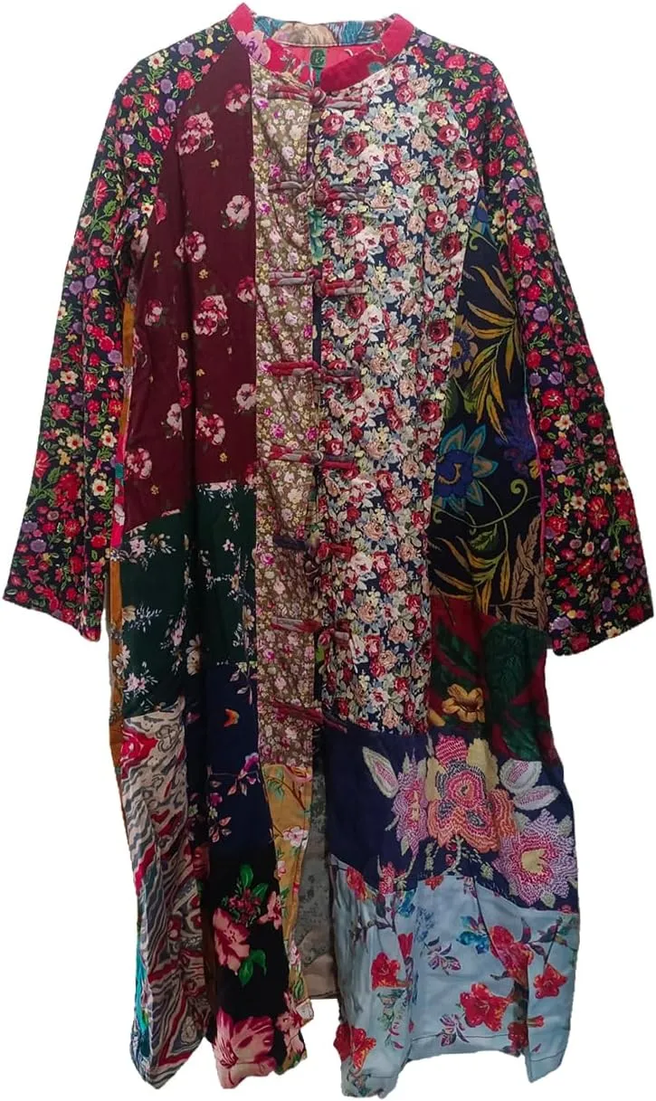 Women's Trench Coat Cotton Linen Floral Print Jacket Chinese Style Patchwork Outwear