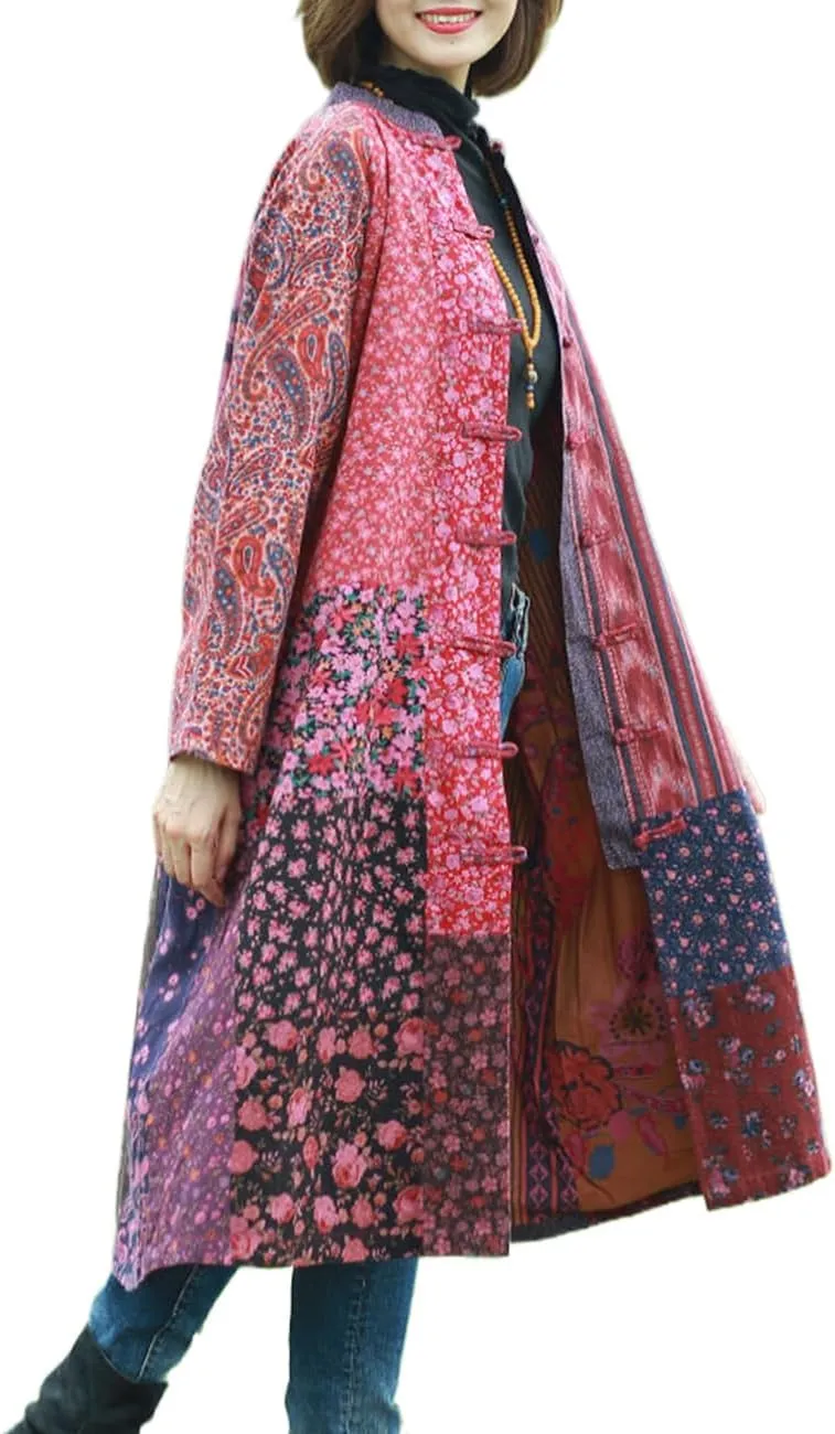 Women's Trench Coat Cotton Linen Floral Print Jacket Chinese Style Patchwork Outwear