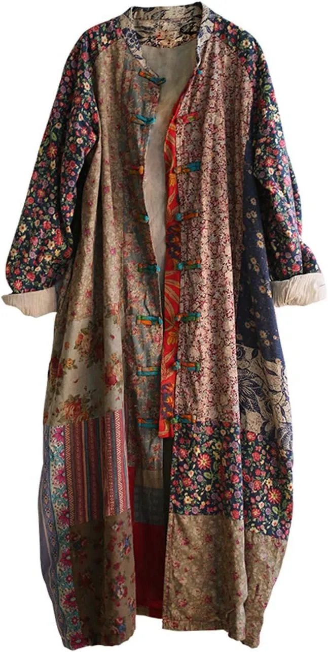 Women's Trench Coat Cotton Linen Floral Print Jacket Chinese Style Patchwork Outwear