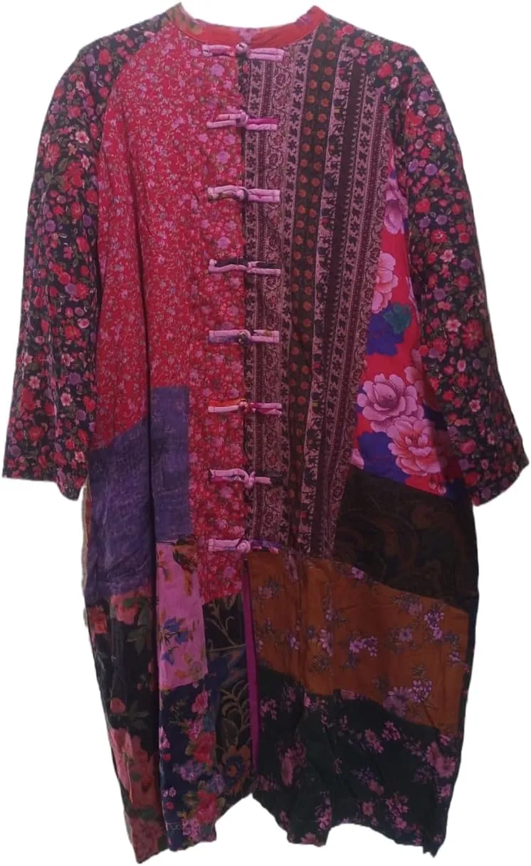 Women's Trench Coat Cotton Linen Floral Print Jacket Chinese Style Patchwork Outwear