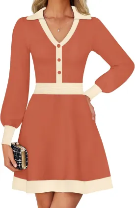 ZESICA Women's Spring Long Sleeve V Neck Sweater Dress Collar Ribbed Knit Mini Dresses