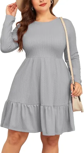 ZOMVA 2024 Winer Women's Plus Size Dress Ribbed Knit Long Sleeve Crew Neck A Line Short Ruffle Hem Sweater Dresses