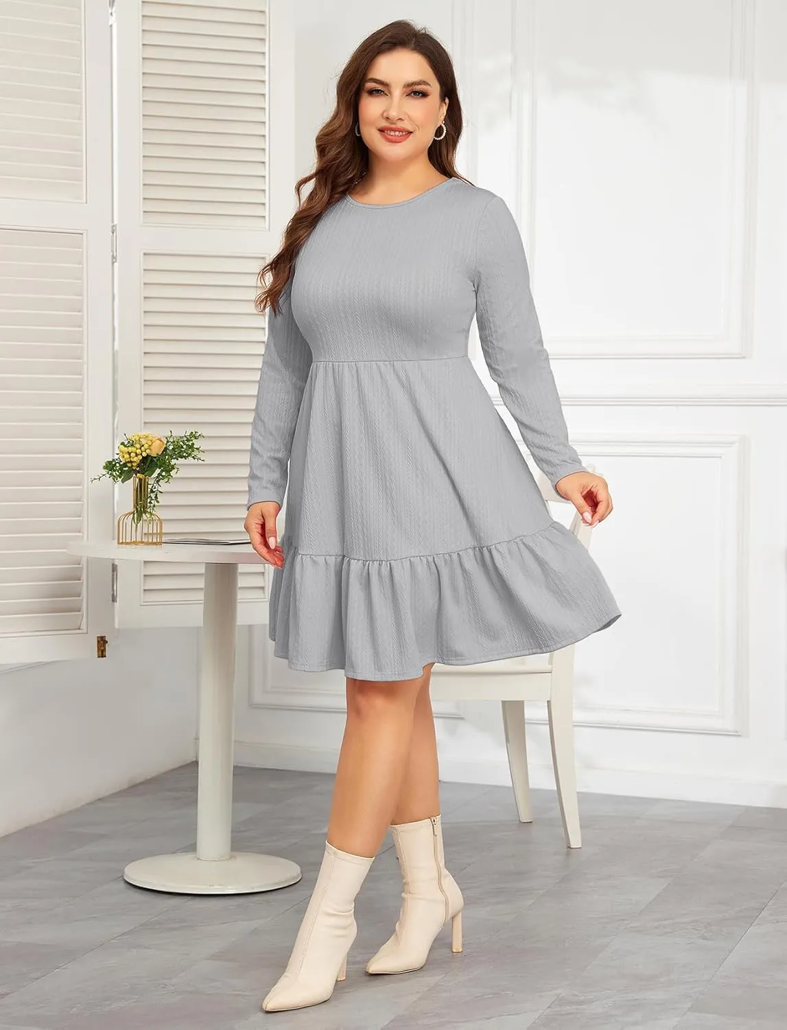 ZOMVA 2024 Winer Women's Plus Size Dress Ribbed Knit Long Sleeve Crew Neck A Line Short Ruffle Hem Sweater Dresses