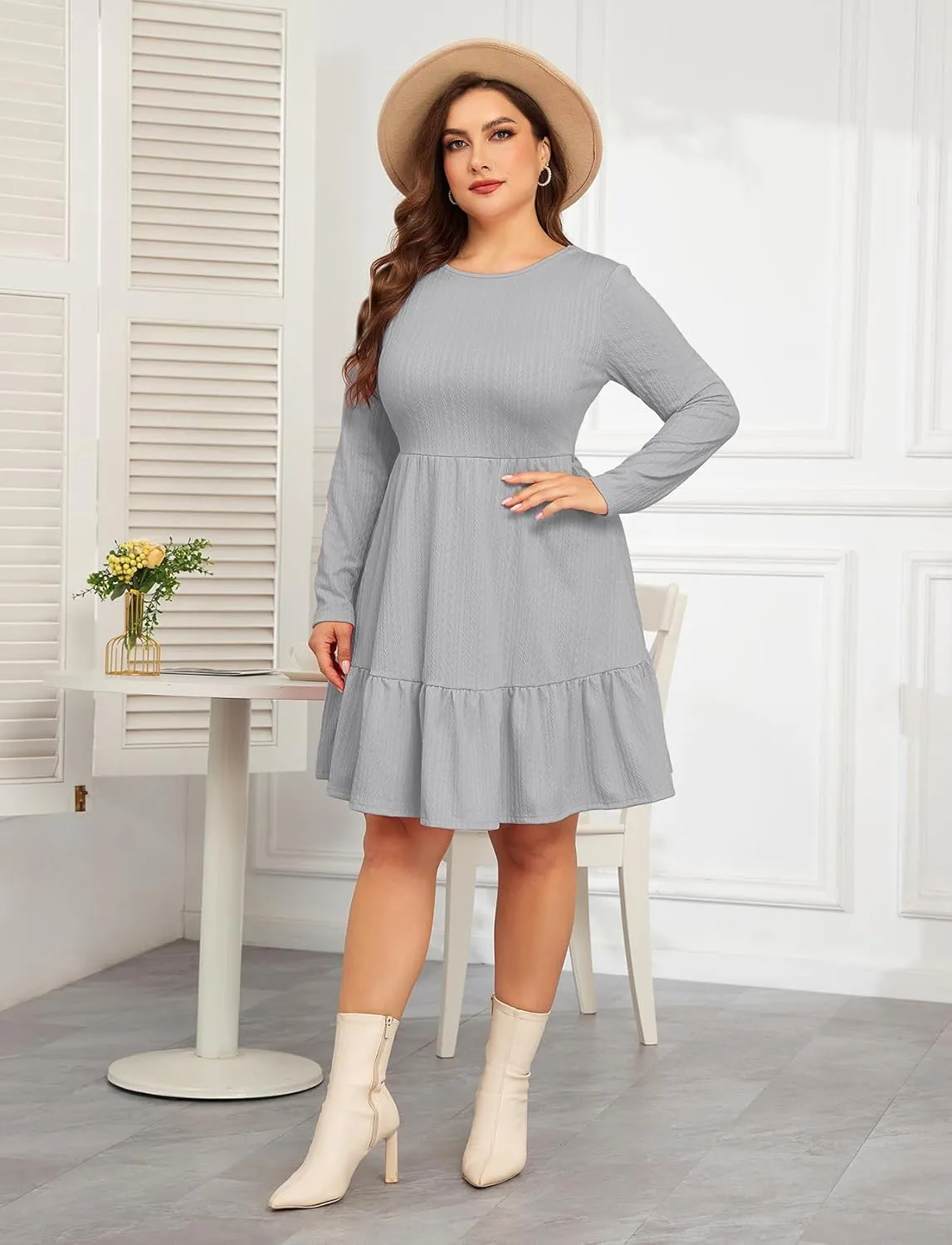 ZOMVA 2024 Winer Women's Plus Size Dress Ribbed Knit Long Sleeve Crew Neck A Line Short Ruffle Hem Sweater Dresses