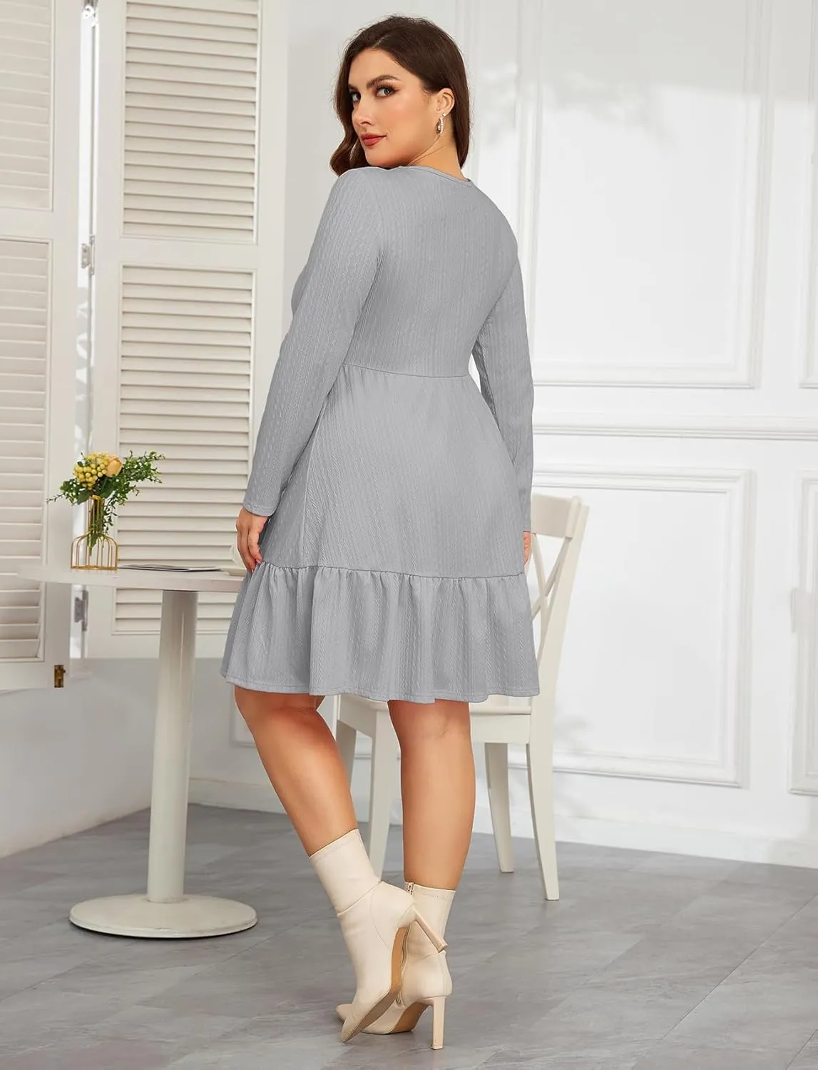 ZOMVA 2024 Winer Women's Plus Size Dress Ribbed Knit Long Sleeve Crew Neck A Line Short Ruffle Hem Sweater Dresses