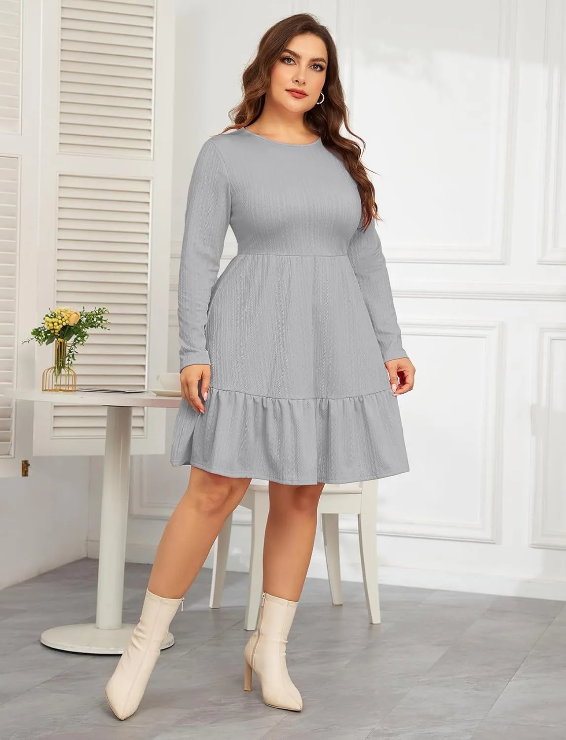 ZOMVA 2024 Winer Women's Plus Size Dress Ribbed Knit Long Sleeve Crew Neck A Line Short Ruffle Hem Sweater Dresses