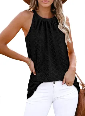 Zwurew Tank Top for Women Loose Fit High Neck Sleeveless Halter Tops Casual Pleated Eyelet Summer Flowy Cami Shirts Blouse
